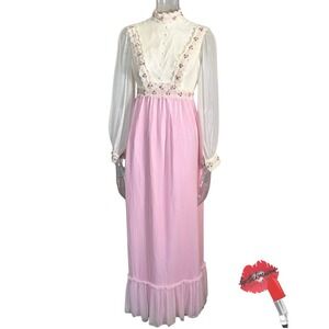 Vintage Maxi Dress Women Medium Union Made Romance Chiffon Floral Trim Party 60s